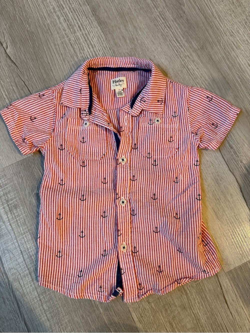 Hatley Pink and White Striped Short-Sleeve Button Shirt with Navy Anchor Print